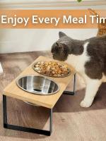 Tazas Para Gatos Elevadas Con Base De Madera 15° Tilted Anti Vómitos Doble Acero Inoxidable Alimentación Para Gatos Y Perros - details 0