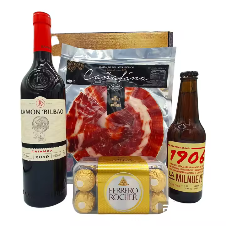 Cesta Regalo  Jamon Bellota + Vino Ramon Bilbao Crianza + Bombones Ferrero Rocher  + Cerveza 1906 - Regalo Ideal Dia del Padre - 1
