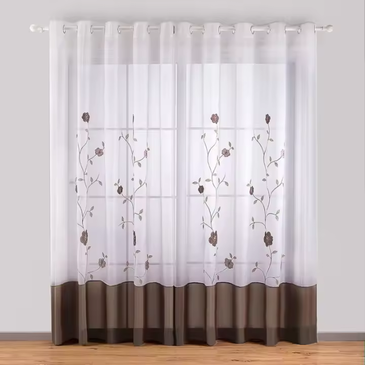 Juego de 2 cortinas con ojales, visillos con bordado floral para dormitorio, cocina, salón (2 paneles (ancho 140 cm x alto 260 cm), marrón) - 1