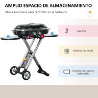Outsunny Barbacoa de Gas Plegable con 2 Quemadores 2,34 KW BBQ de Gas con 2 Ruedas 2 Parrillas Metálicas y 2 Mesas Laterales para Pícnic Camping 100x41,6x82,5 cm Negro - details 5