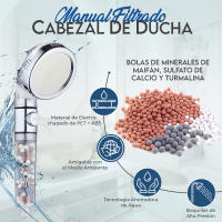 VOYXLIBRE alcachofa de ducha + manguera ducha 1.5M + soporte ducha pared | filtro ducha con partículas de iones negativos - Turmalina, Maifán y Sulfato de calcio | efecto Spa - 3 Modos de chorros Ajustables - ducha baño | alcachofa de ducha con filtro - details 1