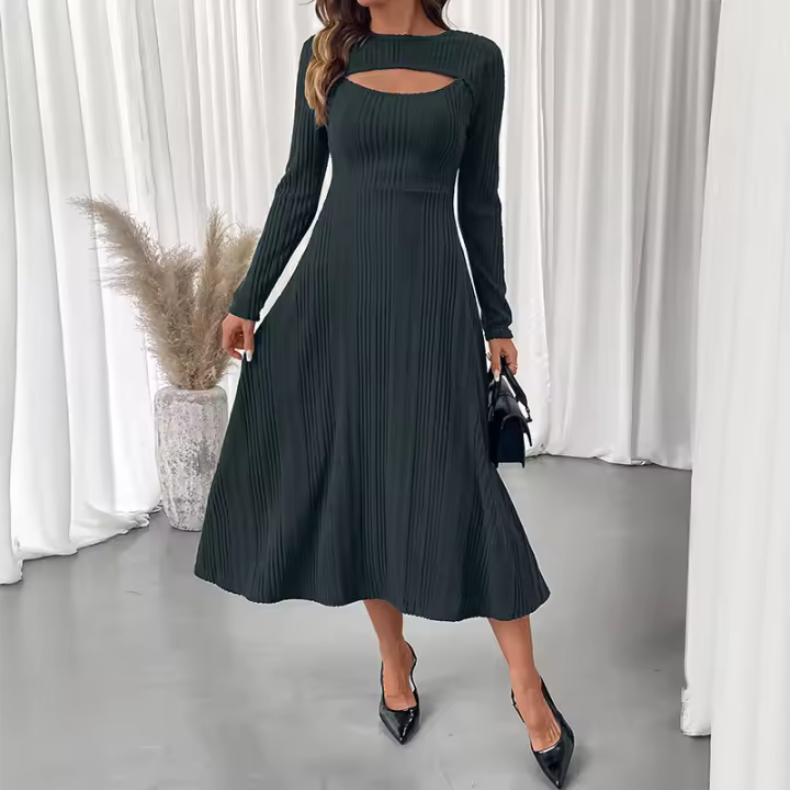 Vestido Largo De Encaje Con Mangas Largas Para Mujer Nuevo Otoño E Invierno Estilo Básico Silueta Ajustada Y Flared - 1