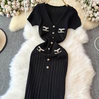 Vestido Largo Elegante Tejido Para Mujer Verano V Cuello Suelto Botones Bodycon Midi Fiestas Oficina Vestidos De Mujer - details 23