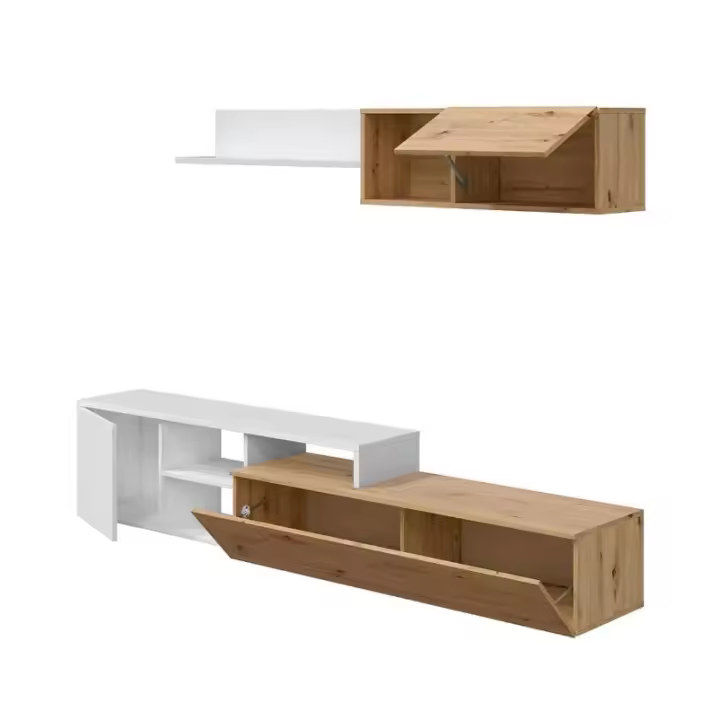 Meimon Conjunto modular JÚLIA Salón TV reversible en Roble Nodi y Blanco Artik, incluye mueble TV con 2 puertas y huecos pasacables (221×40×44 cm), módulo superior de 1 puerta (90×28,5×31 cm) y estante colgar (90×21×22 cm), tablero melaminizado E1 - 1