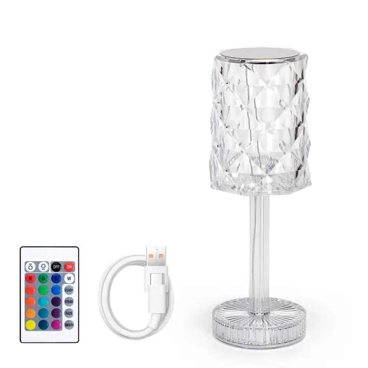 Aigostar LED Lámpara de Mesa de Cristal, 16 Colores y 4 Modos Lámpara de Noche de Rosa Diamante con Control Táctil y Control Remoto, USB-C Recargable Regulable Romántica Luz Nocturna para Dormitorio - 1