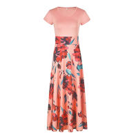 Vestido Largo De Maxi Con Cuello Redondo Y Manga Corta Elegante Vestido De Mujer Con Cintura Ajustada Y Estampado Splicing - details 6