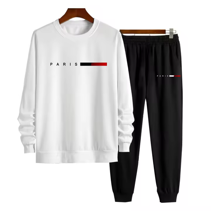 Conjunto De Otoño E Invierno Para Hombre Con Impresión De Letras De París Pantalones Largos De Cuello Redondo Deporte Cómodo - 1