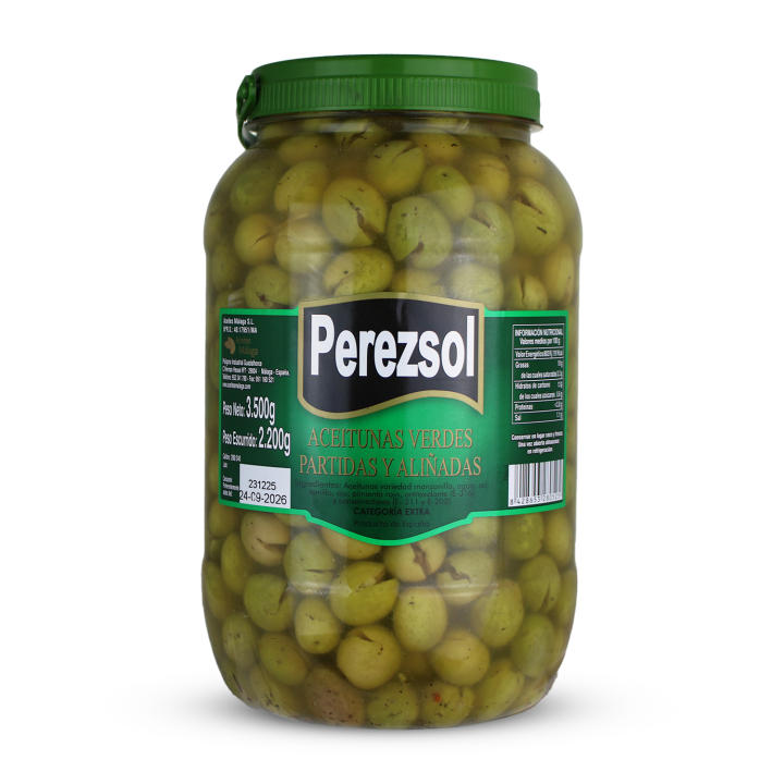 PEREZSOL ACEITUNAS PARTIDAS MANZANILLA ALIÑADAS | GRAN FORMATO 3,5 KG (2,2 KG ESC) | APERITIVO HOSTELERÍA Y RESTAURACIÓN