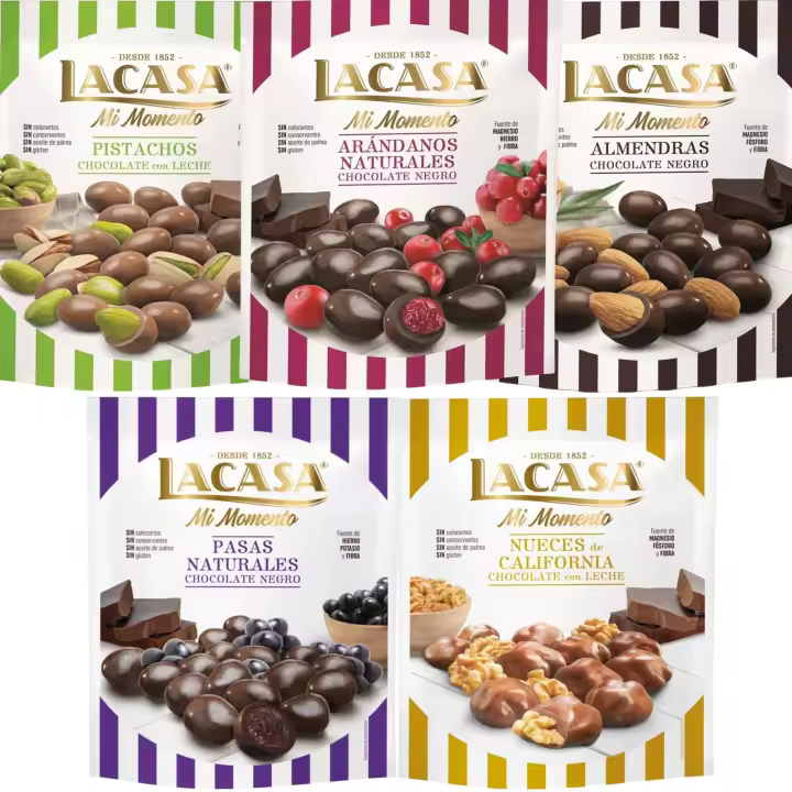 Lacasa Mi Momento pack de 5:Arándano choco Negro 125G,Nueces Leche 115G,Pasas choco Negro 150G,Almendra choco Negro 125G,Pistacho Leche 100G - 1
