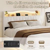 Cama tapizada 140x200 cm en terciopelo blanco crema con canapé abatible, LED RGB, cabecero con almacenaje, USB y USB-C - details 2