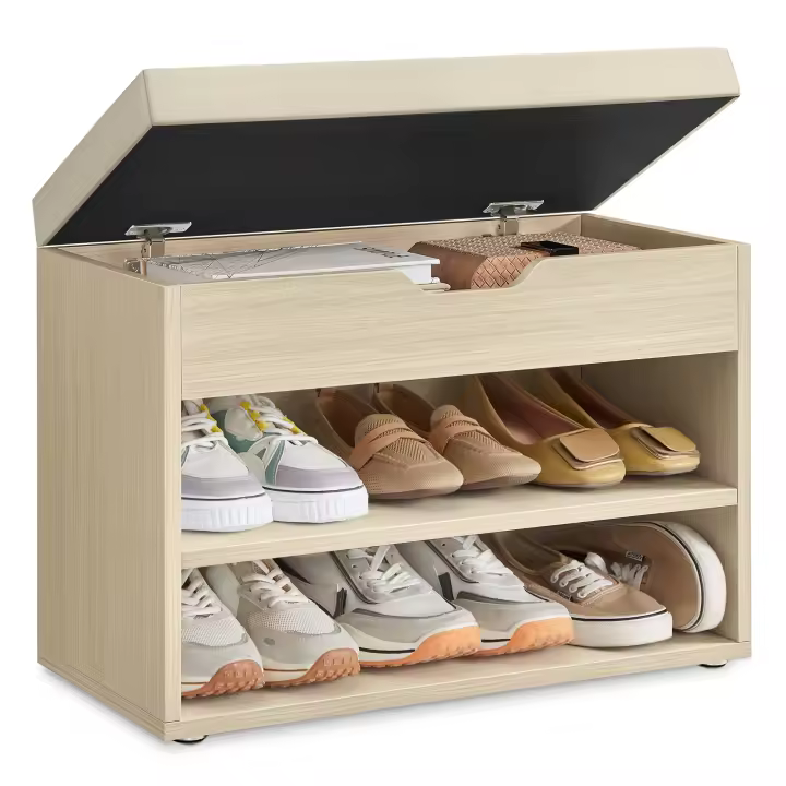 VASAGLE Banco Zapatero, Mueble Zapatero con Asiento Tapizado, Banco Recibidor con 3 Compartimentos y Asiento Acolchado, 30 x 60 x 44 cm, para Entrada Dormitorio Sala de Estar, Beige Natural/Blanco Nube - 1