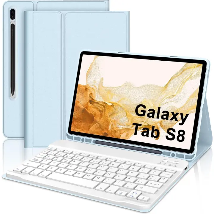 FGNS Funda con Teclado Español Ñ para Samsung Galaxy Tab S8/S7 11" (SM-T870/T875/T876/T878/X700/X706),Carcasa PU Delgada rotectora Delgada con Ranura de Lápiz  con Teclado Bluetooth Desmontable para Samsung Tab S8 2022/S7 2020 - 1