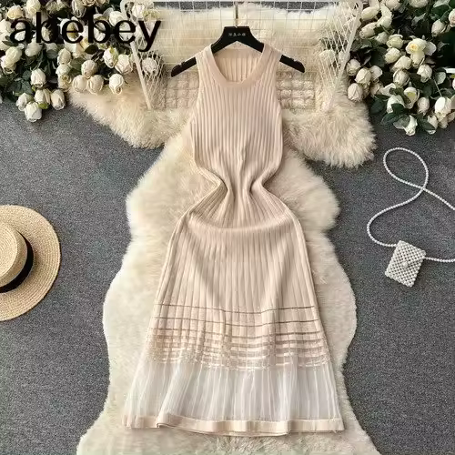 Vestido Midi Bodycon A-Line De Mujer Sin Mangas Patchwork Tejido Long Sundress Malla Elástica Estilo Callejero Verano 2024 - 1