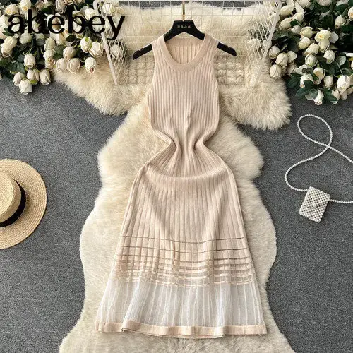 Vestido Midi Bodycon A-Line De Mujer Sin Mangas Patchwork Tejido Long Sundress Malla Elástica Estilo Callejero Verano 2024 - 1