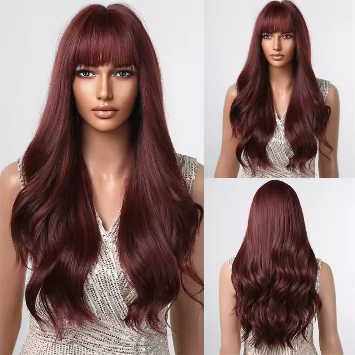 Pelucas Sintéticas De Onda Corporal Larga Para Mujer Color Marrón Con Franja Anteojos Resistente Al Calor Para Uso Diario Y Fiestas Peluca Artificial De Cuerpo De Cobre - 1