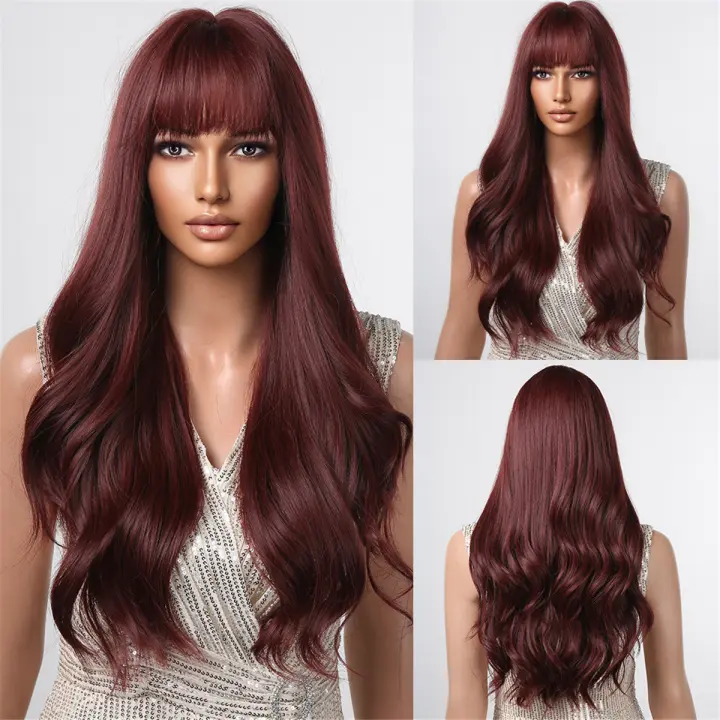 Pelucas Sintéticas De Onda Corporal Larga Para Mujer Color Marrón Con Franja Anteojos Resistente Al Calor Para Uso Diario Y Fiestas Peluca Artificial De Cuerpo De Cobre - 1