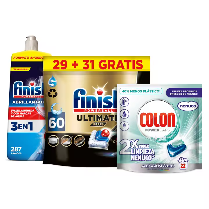 Finish Ultimate Plus 60 pastillas + Abrillantador Finish XL 287 lavados + Colon Powercaps Nenuco 22 cápsulas | Pack limpieza profunda para lavavajillas y ropa, antigrasa, abrillantador, frescor Nenuco - 1