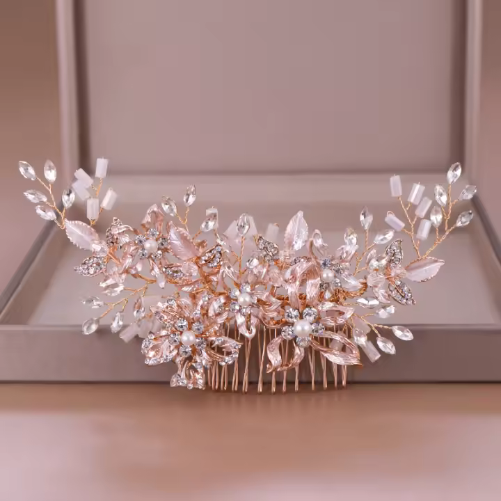 Diadema De Perla Y Cristal Flor Y Hoja Para Novia Accesorios De Cabello De Boda Tiara Combinado Con Peine Para Mujer Joyería De Moda - 1