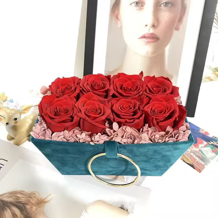 8 Rosas Eternas en Caja Terciopelo - Flores Día de la Madre - Flores preservadas para Regalar con DEDICATORIA (Rosas Rojas en Caja Verde) - 1
