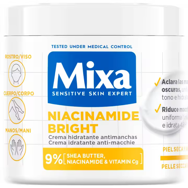 MIXA |  Crema, Loción Corporal y/o aceite corporal anti estrias con niacinamida antimanchas e iluminadora para una piel sana, radiante y un tono uniforme. - 1