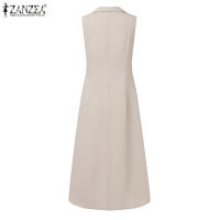 Vestido Midi Elegante ZANZEA Para Mujer Estilo Trabajo OL Verano Vuelta En El Cuello Sin Mangas Silueta A-Line Oficina Casual Longitud Media Pierna - details 10