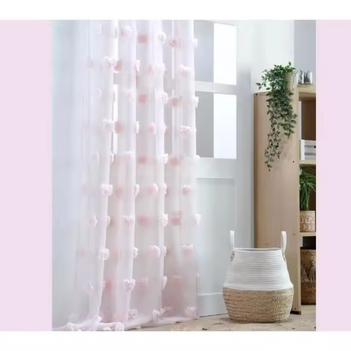 Cortina de Visillo Decorativa de Tejido Liso con Alegres Pompones - Medida Estándar - Fácil Colocación - color rosa. - 1
