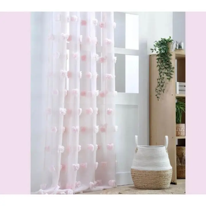 Cortina de Visillo Decorativa de Tejido Liso con Alegres Pompones - Medida Estándar - Fácil Colocación - color rosa. - 1