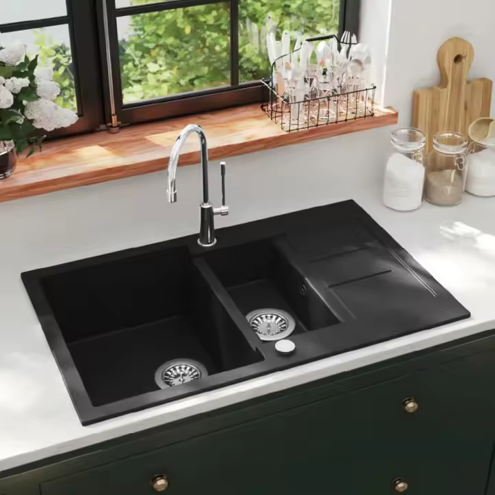 vidaXL FREGADERO DE COCINA CON 2 SENOS GRANITO NEGRO - 1