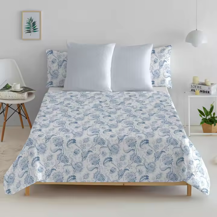 EL CABALLO - Sábana encimera 100% algodón 144 hilos azul MALAGA. Varios tamaños disponibles. - 1