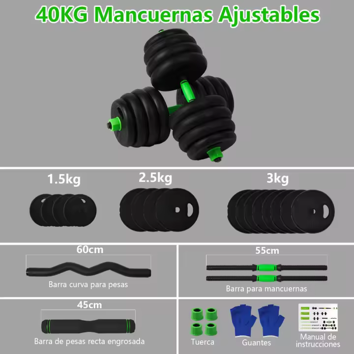 Juego De Mancuernas Ajustables Multifuncionales 3 En 1, Ajustables Con Asa Opcional, Barra Recta, Para Flexiones, 40 Kg, Pesas De Gimnasio En Casa Para Hombres - 1