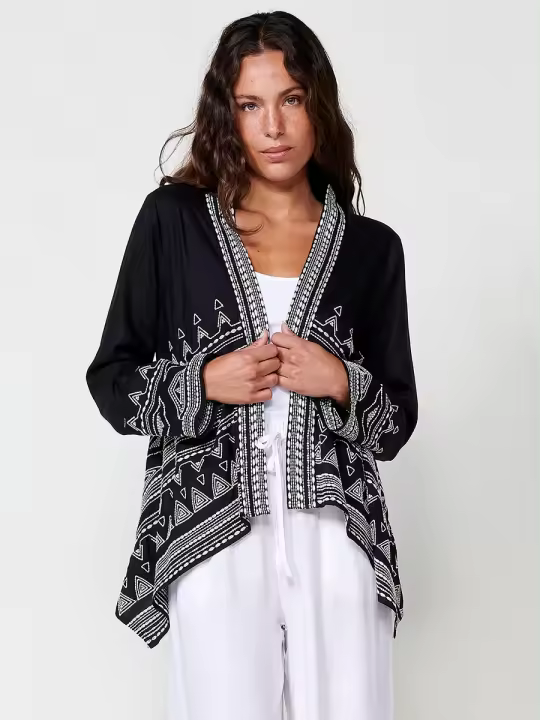 Koroshi Kimono Abierto de Popelín con Bordado de Cenefa en Negro para Mujer – 100% Poliéster - 1