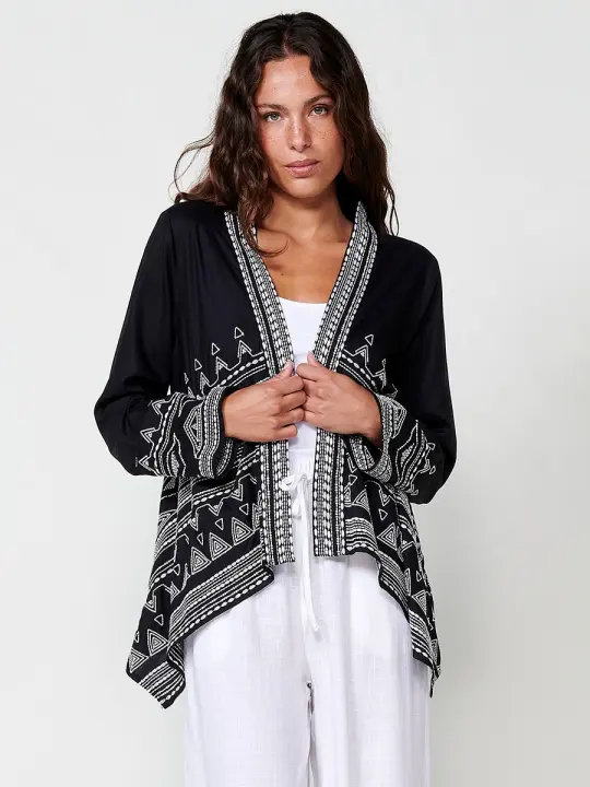 Koroshi Kimono Abierto de Popelín con Bordado de Cenefa en Negro para Mujer – 100% Poliéster - 1