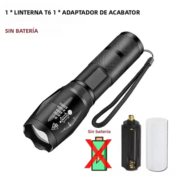 Linterna LED T6 De Alta Potencia Para Camping Con 5 Modos De Luz Zoom Material De Aleación De Aluminio Y Resistente Al Agua Batería Externa 18650 - 1