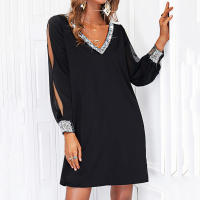 Vestido Largo De Encaje Brillante Para Mujer Con Manga Completa Y Cuello En V Color Sólido Elegante Para Noche Y Fiesta Vestido De Midi - details 7