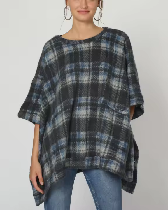 Poncho mujer estilo jersey oversize cuadros manga corta cuello redondo tejido punto suave bolsillos delantero azul gris L cómodo versátil tendencia otoño invierno ✅Entrega 24/48h - 1