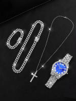 Reloj De Cuarzo Para Hombre Con Calendario Y Correa De Cadena Cubana Y Collar De Cruz 4pcs Diamante Completo Aleación Espejo - details 6