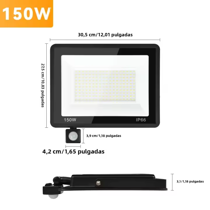 Luz De Inundación LED Con Sensor De Cuerpo PIR Luz De Pared 150W 200W IP66 Blanca Cálida Longitud De Cable 65CM Para Jardín Patio Cartel - 1