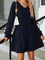 Vestido Largo Suelto Para Mujer Con Manga Larga Y Costuras En Color Sólido Moda Europea Y Americana Para Otoño E Invierno Cuello V Estilo Casual - details 8
