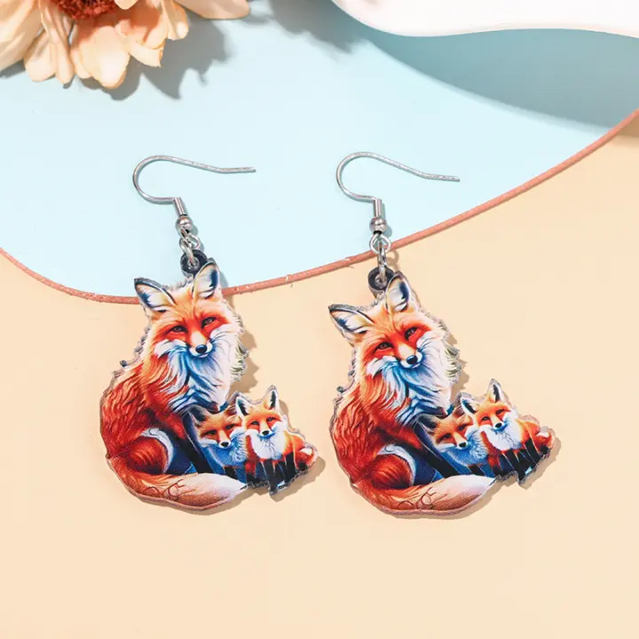 Pendientes Colgantes De Acrílico Para Mujer Con Diseño De Zorro Arcoíris Flor Y Pájaros Moda Joyería Larga Para Niñas Y Adolescentes - 1