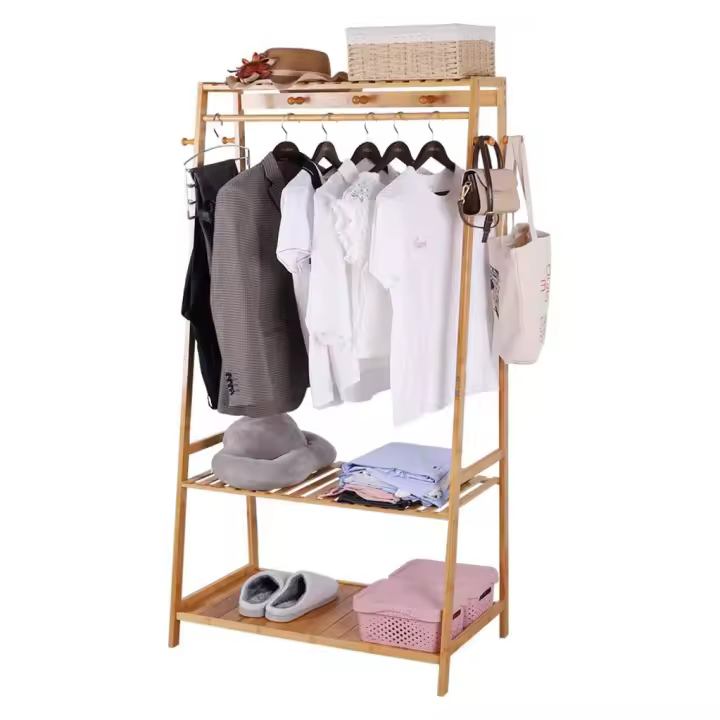 Perchero Burro de Bambú, Armario Abierto Madera Perchero de Pie con 3 Estantes y 10 Ganchos para Ropa Zapatos Bolsas Canastas Burro Ropa Multifuncional para Dormitorio Salón 80 x 44 x 165cm - 1