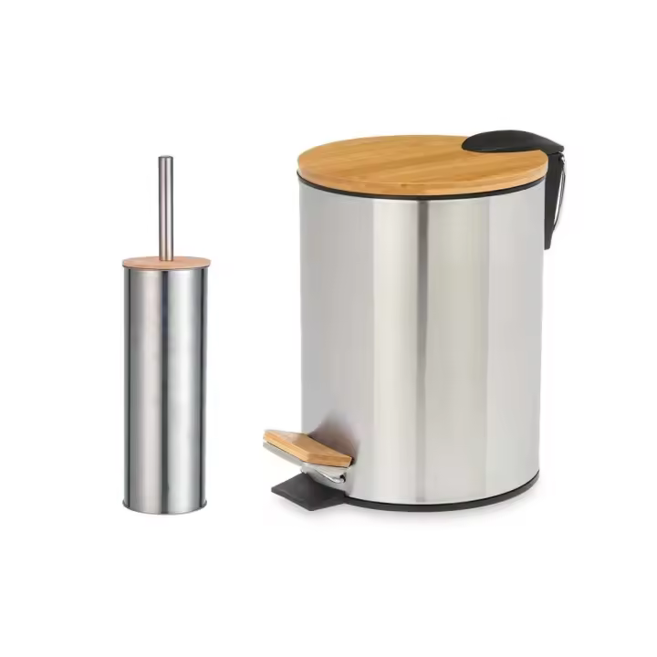 Dcasa Conjunto papelera 3 litros  y escobillero diseño plateado con tapa de bambu - 1