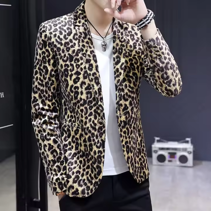 Chaleco De Moda Para Hombre Estampado De Leopardo Estilo Británico Casual Slim Para Bodas Y Trabajo Cierre Único Largo Completo - 1