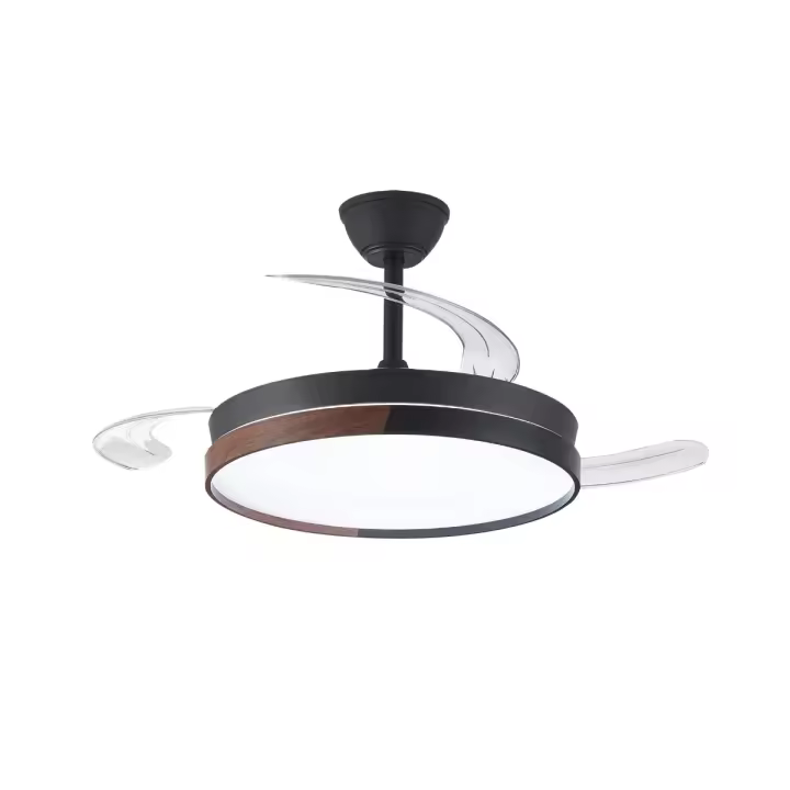 Ventilador de techo con luz led 45W modelo AMAPOLA con aspas retráctiles negro/madera. Motor DC silencioso, Sistema CCT. Control remoto con temporizador, luz regulable en color e intensidad. Memoria, modo brisa y función invierno/verano - 1