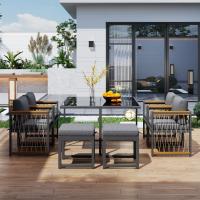 Juego de Mesa y sillas de exterior de 7 piezas, para 6 personas, Mesa de Cristal Templado, tablero de Madera de Acacia con reposabrazos, ideal para ir en el patio o El Jardín - details 2
