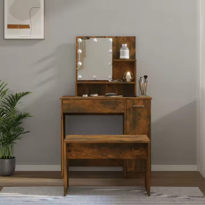 vidaXL Juego de tocador con LED madera contrachapada en color Gris sonoma/Negro/Gris hormigón y más - 1