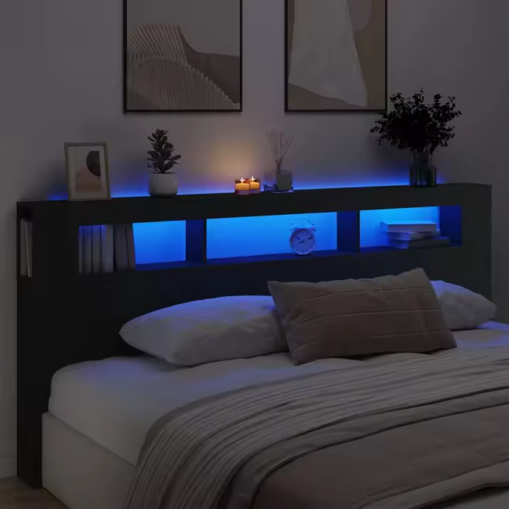 vidaXL Cabecero con LED madera de ingeniería negro 220x18,5x103,5 cm - 1