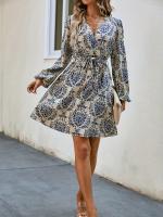 Vestido De Mujer Elegante Primavera Verano Con Cuello En V Manga Larga Estilo Casual De Mano Paisley Patrón Cinturado Longitud Rodilla - details 3