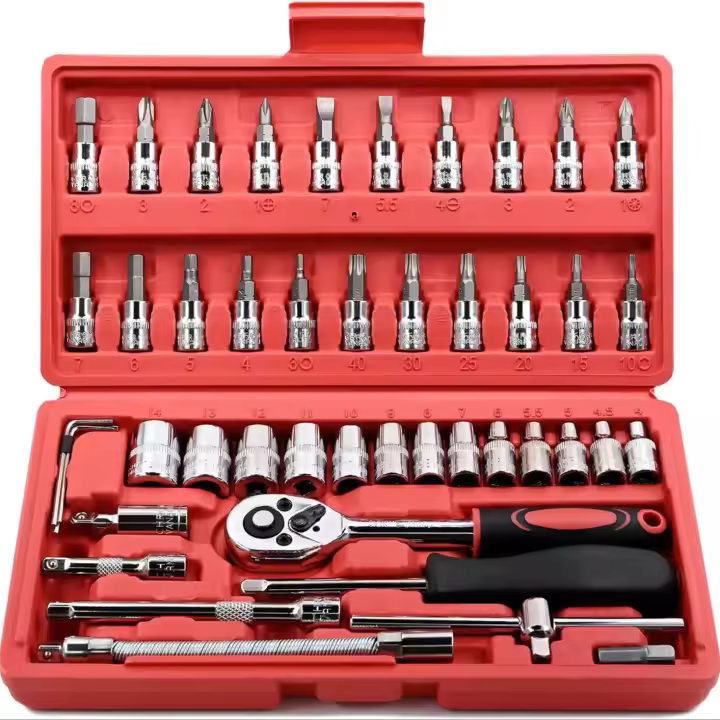 FOCSE Juego De Llaves De Encaje 46 Piezas 1/4 Pulgada Con Juego De Puntas Y Barra De Extensión Para Reparación De Automóviles Material De Acero Al Carbono - 1