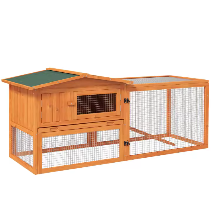 PawHut Conejera de Madera Exterior Jaula para Conejos de 2 Niveles 156x58x68 cm con Techo Asfáltico 2 Corrales de Metal Bandeja Extraíble 2 Puertas Ventana y Rampa Natural - 1