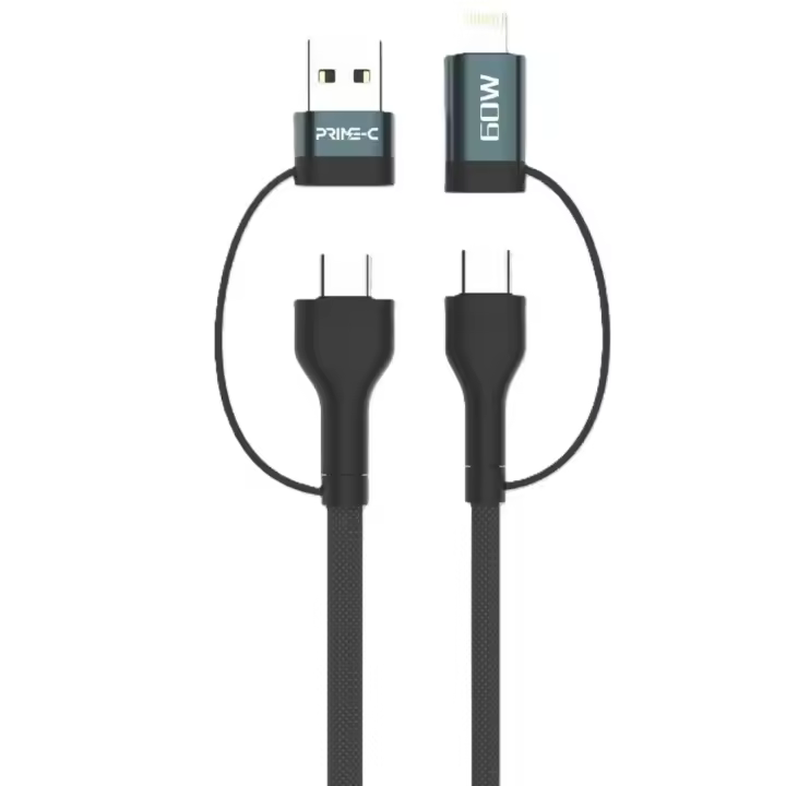 PRIME-C Cable 4 en 1 Carga Rápida 60W, USB-A/USB-C a USB-C/Lightning, Cable Trenzado de 1M con Núcleo de Cobre, Compatible con iPhone, Samsung, Huawei, iPad, MacBook y Más - 1